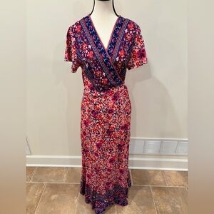 Dark Florals Wrap Deep V Neck Maxi Dress - Pink, Red, and Blue, women’s medium